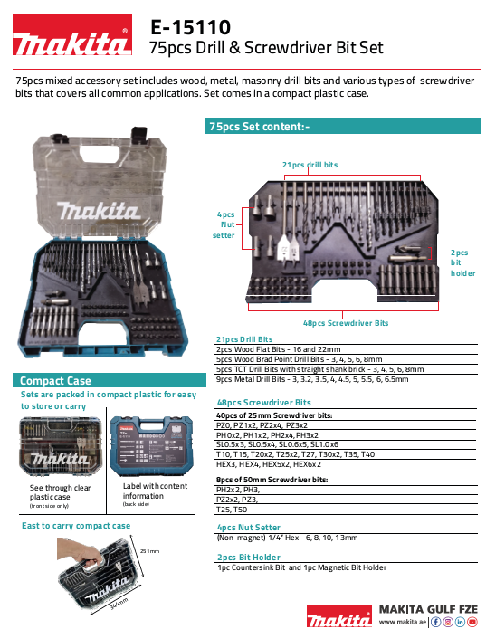 75pcs mixed accessory set includes wood, metal, masonry drill bits and various types of screwdriver bits that covers all common applications. Set comes in a compact plastic case.