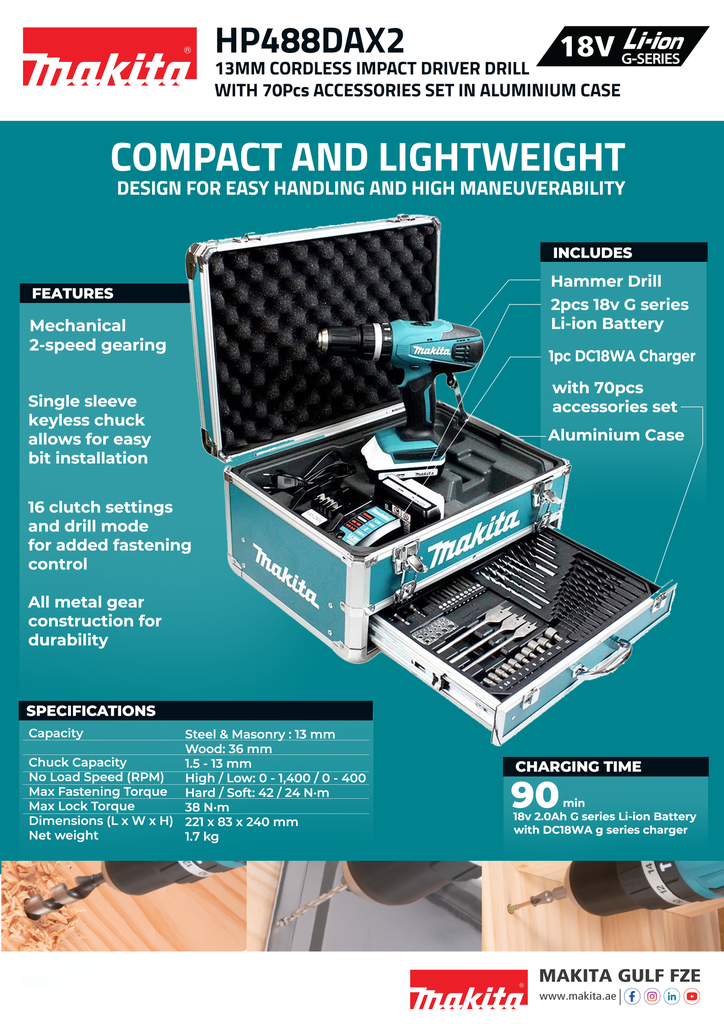*13mm Cordless Percussion Driver Drill * 2Pcs of 18V 2.0Ah G Series Battery * DC18WA Charger * 70pcs Accessories Set *Aluminium Case